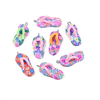 Handmade Polymer Clay Pendants, with Alloy Findings, Flip-Flops/Chancla, Mixed Color, 30~32x13x9mm, Hole: 2.5mm