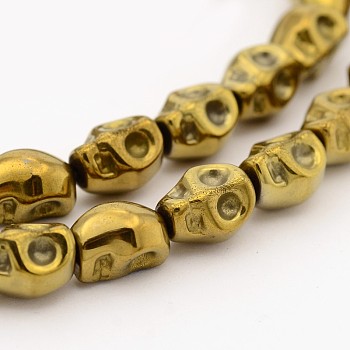 Electroplate Non-magnetic Synthetic Hematite Bead Strands, Skull, Golden Plated, 10x8x7mm, Hole: 1mm, about 40pcs/strand, 15.5 inch