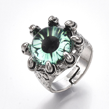 Adjustable Alloy Glass Finger Rings, Wide Band Rings, Dragon Eye, Antique Silver, Medium Aquamarine, Size 8, 18mm