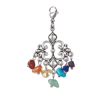 Tibetan Style Alloy Pendant Decorations, 7 Chakra Gemstone Chips and Lobster Claw Clasps Charm, Rhombus, 58mm