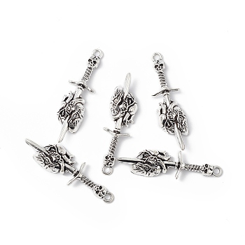 Tibetan Style Alloy Pendants, Skull Sword with Heart Charm, Antique Silver, 49x18.5x7mm, Hole: 2.2mm
