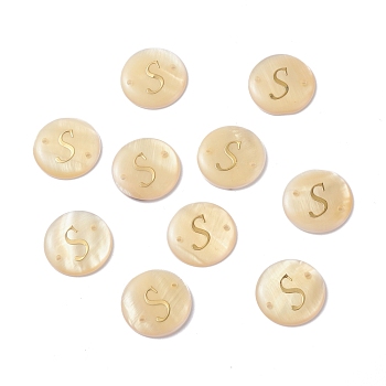 (Defective Closeout Sale: Yellowing), Freshwater Shell Links Connectors, with Golden Brass Findings, Flat Round with Letter, Letter.S, 20x3mm, Hole: 1.4mm