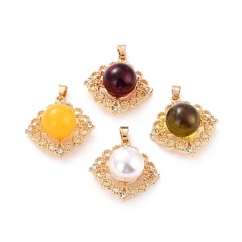 Opaque Resin Pendants, with Golden Tone Alloy Findings and Glass Rhinestone, Rhombus, Mixed Color, 30x24x13mm, Hole: 4.5x3mm