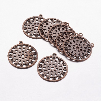 Tibetan Style Pendants, Lead Free and Cadmium Free, Flat Round, Red Copper, about 36mm long, 34mm wide, 1mm thick, hole: 2mm