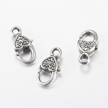 Tibetan Style Alloy Lobster Claw Clasps, Heart, Cadmium Free & Nickel Free & Lead Free, Antique Silver, 17x9x5mm, Hole: 2mm