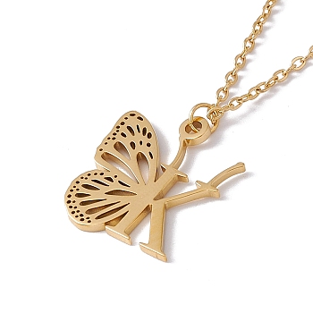 Initial Letter with Butterfly Pendant Necklace, Golden 304 Stainless Steel Jewelry for Women, Letter.K, Pendant: 21.5x18x1mm, 15.55 inch(39.5cm)