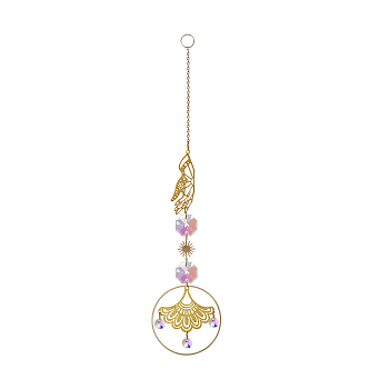 Glass Pendant Decorations, Suncatchers, with Alloy Findings, Leaf Pattern, 265mm