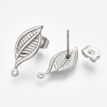 304 Stainless Steel Stud Earring Findings, with Loop and Ear Nuts/Earring Backs, Leaf, Stainless Steel Color, 19x8mm, Hole: 1mm, Pin: 0.7mm