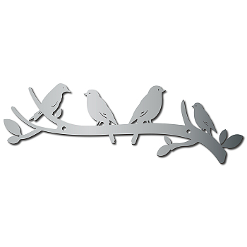 Iron Hanging Decors, Metal Art Wall Decoration, Bird & Branch, for Living Room, Home, Office, Garden, Kitchen, Hotel, Balcony, with Wall Anchor & Screw, Silver Color Plated, 100x300x1.5mm