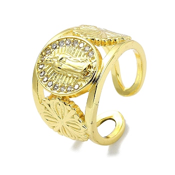 Brass with Cubic Zirconia Open Cuff Ring, Virgin Mary, Real 18K Gold Plated, Inner Diameter: 18mm