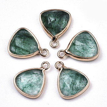 Glass Charms, with Light Gold Tone Brass Findings, Triangle, Faceted, Sea Green, 14x11x4mm, Hole: 1.5mm