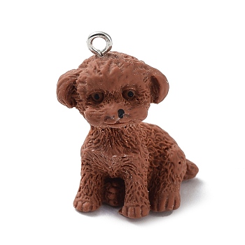 Opaque Resin Dog Pendants, 3D Puppy Charms with Platinum Plated Iron Loops, Saddle Brown, 28.5x18.5x19mm, Hole: 2mm