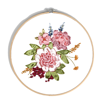 DIY Flower & Leaf Pattern Embroidery Kits, Including Printed Cotton Fabric, Embroidery Thread & Needles, Imitation Bamboo Embroidery Hoop, Colorful, 30x30cm