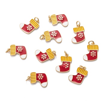 Real 18K Gold Plated Brass Enamel Pendants, with Jump Ring, for Christmas, Christmas Stockings with Snowflake, Red, 16x13x1.5mm, Hole: 3.4mm