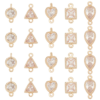 20Pcs 5 Styles Brass Pave Clear Cubic Zirconia Connector Charms, Geometric Links, Golden, Mixed Shapes, 8.5~11x5~6.5x2.5mm, Hole: 0.8mm, 4pcs/style