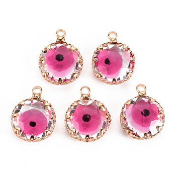 Transparent Glass Pendants, with Brass Prong Settings, Faceted, Flat Round with Evil Eye, Light Gold, Hot Pink, 17x13x6mm, Hole: 1.8mm