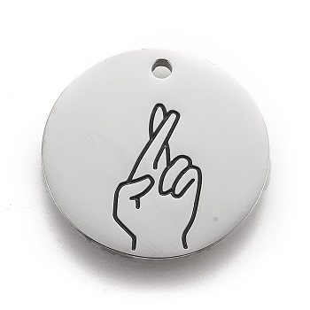 316 Surgical Stainless Steel Pendants, ASL Pendants, Flat Round with Gesture Language, Stainless Steel Color, Good Luck, 25x2mm, Hole: 2mm