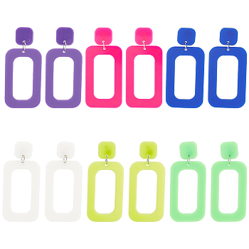 6 Pairs 6 Style Hollow Out Rectangle Acrylic Dangle Stud Earrings, Iron Jewelry for Women, Mixed Color, 60~61.5mm, Pin: 0.6mm, 1 Pair/color