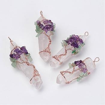 Natural Quartz Crystal Big Pointed Pendants, with Green Aventurine, Amethyst & Brass Findings, Bullet, Rose Gold, 60~82x23~27mm, Hole: 5~9mm