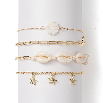 4Pcs 4 Style Natural Shell Beaded Anklets Set, Brass Starfish Charms Anklets with Paperclip Chains for Women, Golden, 9-1/8 inch(23~23.2cm), 1Pc/style