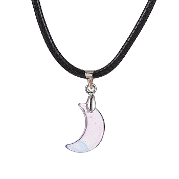 Glass Crescent Moon Pendant Necklaces, with Imitation Leather Cords, Lilac, 17.60~17.99 inch(44.7~45.7cm)