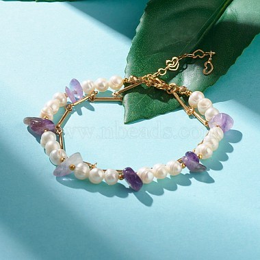 Natural Amethyst & Pearl Beads Double Layered Bracelet(X1-BJEW-TA00025-01)-2