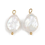 Natural Freshwater Pearl Keshi Pearl Pendants, Oval Charms, with 304 Stainless Steel Loops, White, Ion Plating(IP), Real 18K Gold Plated, 20.5~25x11~14x5.5~9mm, Hole: 1.6~3.5mm(STAS-D378-06B-G)