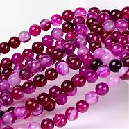 Natural Striped Agate/Banded Agate Beads, Dyed, Round, Fuchsia, Size: about 6mm in diameter, hole: 1mm, 63pcs/strand, 15.5 inch(AGAT-6D-3)