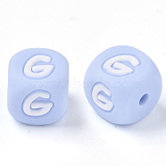 Food Grade Eco-Friendly Silicone Beads, Horizontal Hole, Chewing Beads For Teethers, DIY Nursing Necklaces Making, Letter Style, Cube, Light Sky Blue, Letter.G, 10x10x10mm, Hole: 2mm(SIL-R011-10mm-02G)