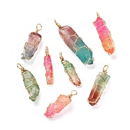 Natural Dyed Quartz Bead Pendants, with Eco-Friendly Copper Wire, Two Tone, Bullet, Mixed Color, Real 18K Gold Plated, 31~50x6~12x5~12mm, Hole: 4~4.5mm(PALLOY-JF00921)