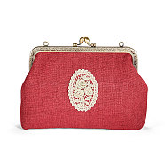 SHEGRACE Cotton and Linen Women Evening Bag, with Embroidered Lace Rose Flowers, Alloy Flower Purse Frame Handle, Alloy Twisted Curb Chain, Crimson, 180x220x60mm(JBG007A-02)