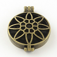 Rack Plating Hollow Brass Diffuser Locket Pendants, Flat Round with Flower, Antique Bronze, 44x33x9mm, Hole: 3.5~4mm, Inner Measure: 30mm(KK-S652-AB)