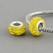 Polymer Clay Grade A Rhinestone Rondelle European Beads, with Double Brass Silver Color Plated Core, Large Hole Beads, Citrine, 12x7mm, Hole: 5mm(RB-S023-08)