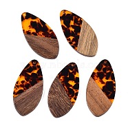 Transparent Resin and Walnut Wood Pendants, Teardrop Charms with Gold Foil, Orange, 48.5x23.5x3.5mm, Hole: 2mm(RESI-T057-05D)