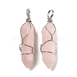 Natural Rose Quartz Double Terminal Pointed Pendants, Faceted Bullet Charms with Platinum Plated Iron Wire Wrapped, 42~46x10x13mm, Hole: 6~7x4.5~5.5mm(G-H308-05P-04)