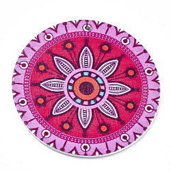  Printed Wooden Big Pendants, Dyed, Flat Round with Flower, Colorful, 60x2.5mm, Hole: 1.5mm(WOOD-S042-15)