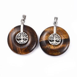 Natural Tiger Eye Pendants, with Platinum Tone Brass Findings, Donut/Pi Disc with Tree of Life, 35.5x30x8.5~9.5mm, Hole: 4.5x6.5mm(G-F640-E05)