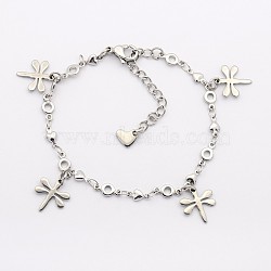 316 Surgical Stainless Steel Dragonfly Charms Bracelets, with 304 Stainless Steel Findings, Lobster Claw Clasps and End Chains, Stainless Steel Color, 165x4mm(X-BJEW-J107-40)