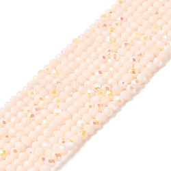 Electroplate Opaque Solid Color Glass Beads Strands, Half Rainbow Plated, Faceted, Rondelle, Misty Rose, 4x3mm, Hole: 0.4mm, about 123~127pcs/strand, 16.5~16.9 inch(42~43cm)(EGLA-A034-P4mm-L18)