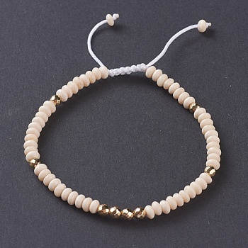 Natural Fossil Braided Bead Bracelets, with Nylon Cord and Non-magnetic Synthetic Hematite Beads, 2-1/8 inch~2-3/4 inch(5.5~7cm)