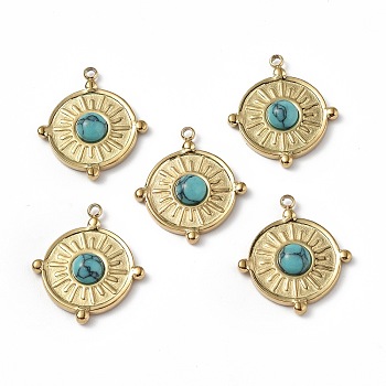 Vacuum Plating 201 Stainless Steel Natural Turquoise Pendants, Real 18K Gold Plated, Flat Round Charms, 20.5x18x4mm, Hole: 1.2mm