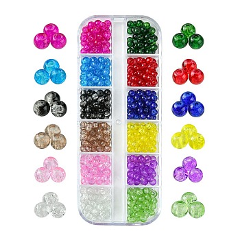 12 Colors Transparent Baking Painted Crackle Glass Beads, Round, Mixed Color, 4mm, Hole: 1.1~1.3mm, about 35Pcs/color, 420Pcs/box.