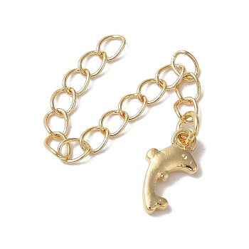 Rack Plating Brass Ends with Chain and Charms, Long-Lasting Plated, Lead Free & Cadmium Free, Dolphin, Light Gold, 63mm