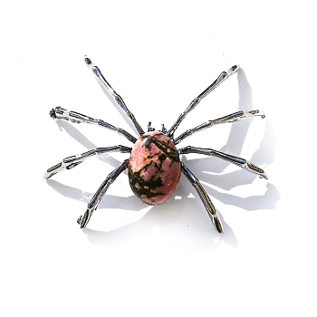 Natural Rhodonite Display Decoration, with Metal Spider Shape Holder, for Home Desktop Decoration, 48x55mm