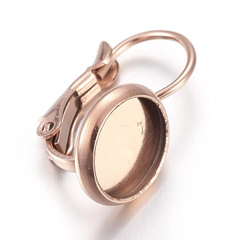 Ion Plating(IP) Stainless Steel Leverback Earring Settings, Flat Round, Rose Gold, Tray: 8mm, 17x10mm, Pin: 0.7mm