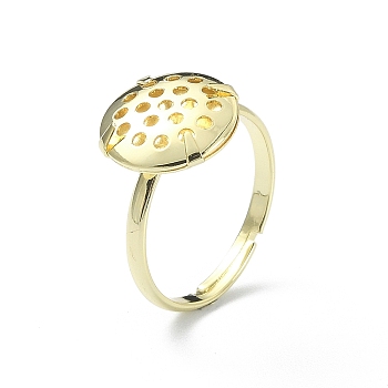 Brass Adjustable Ring Findings, Sieve Ring Settings, Flat Round, Real 14K Gold Plated, Inner Diameter: 17mm, Tray: 12mm