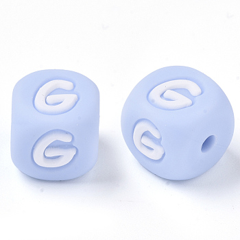 Food Grade Eco-Friendly Silicone Beads, Horizontal Hole, Chewing Beads For Teethers, DIY Nursing Necklaces Making, Letter Style, Cube, Light Sky Blue, Letter.G, 10x10x10mm, Hole: 2mm