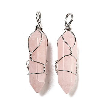 Natural Rose Quartz Double Terminal Pointed Pendants, Faceted Bullet Charms with Platinum Plated Iron Wire Wrapped, 42~46x10x13mm, Hole: 6~7x4.5~5.5mm