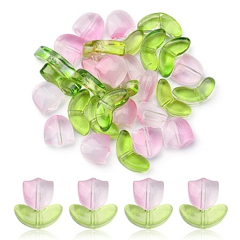 30Pcs 2 Style Transparent Glass Beads, Tulip & Leaf, Mixed Color, 8.5~14x6.5~9x4~5mm, Hole: 1mm, 15Pcs/style
