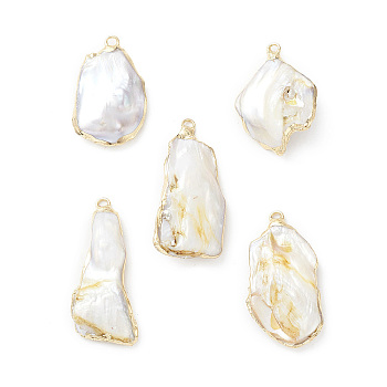 Natural Baroque Keshi Pearl Pendants, Nuggets Charms, with Light Gold Plated Brass Findings, 33~41.5x17~23.5x6~10mm, Hole: 1.6~1.8mm